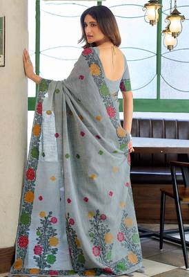 Grey linen jacquard woven saree with blouse 3