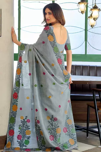 Grey linen jacquard woven saree with blouse