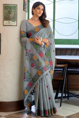 Grey linen jacquard woven saree with blouse 4
