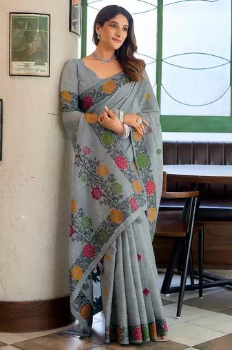 Grey linen jacquard woven saree with blouse
