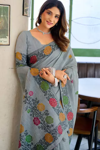 Grey linen jacquard woven saree with blouse