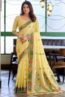 Yellow linen jacquard woven saree with blouse 1