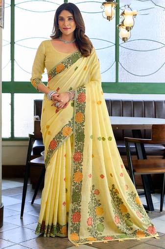 Yellow linen jacquard woven saree with blouse