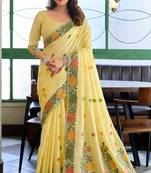 Yellow linen jacquard woven saree with blouse