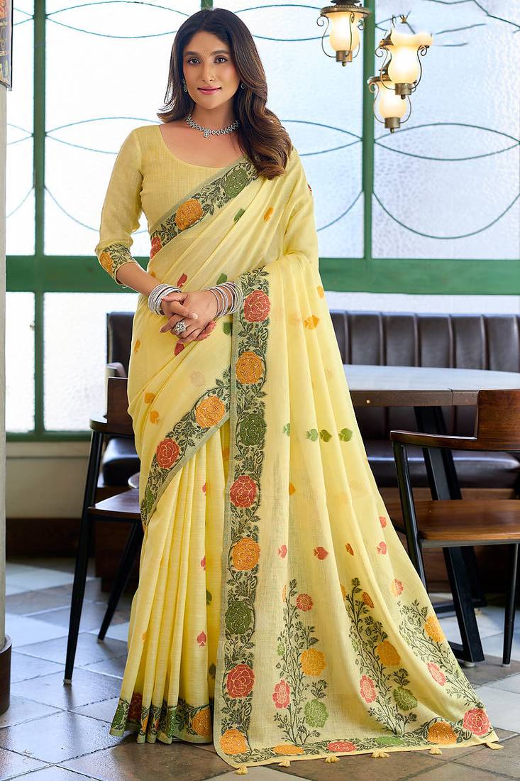 Yellow linen jacquard woven saree with blouse