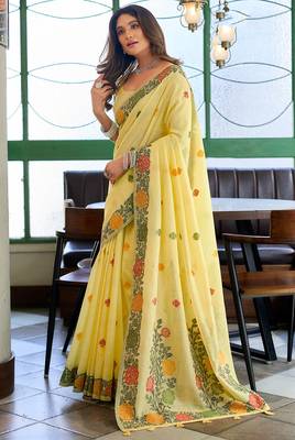 Yellow linen jacquard woven saree with blouse 2