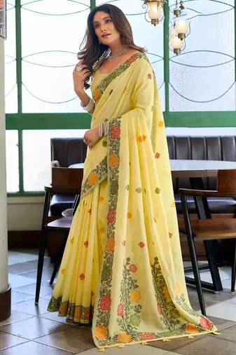 Yellow linen jacquard woven saree with blouse