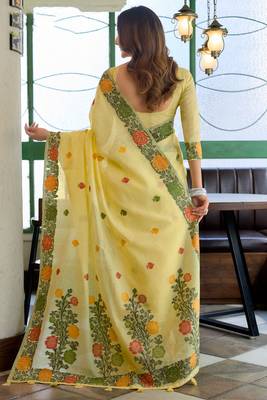 Yellow linen jacquard woven saree with blouse 3