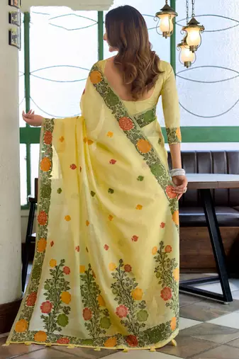 Yellow linen jacquard woven saree with blouse
