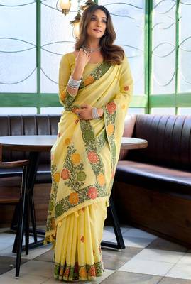 Yellow linen jacquard woven saree with blouse 4