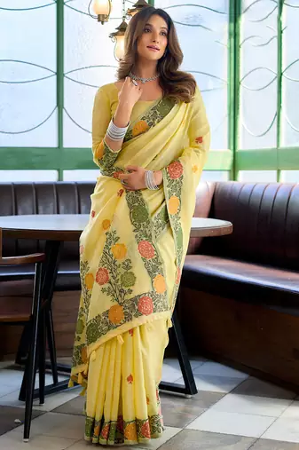 Yellow linen jacquard woven saree with blouse