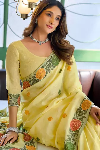 Yellow linen jacquard woven saree with blouse