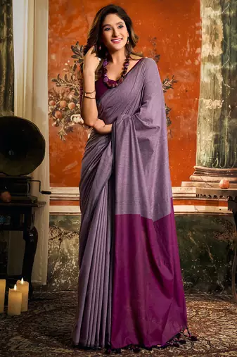 Lavender mal cotton contrast pallu with fancy tassels saree with blouse