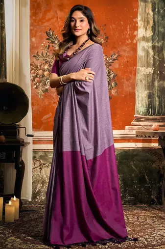 Lavender mal cotton contrast pallu with fancy tassels saree with blouse