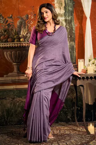 Lavender mal cotton contrast pallu with fancy tassels saree with blouse