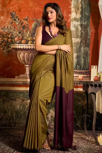 Olive mal cotton contrast pallu with fancy tassels saree with blouse