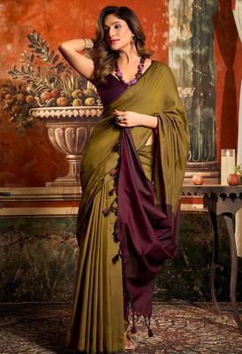 Olive mal cotton contrast pallu with fancy tassels saree with blouse 2