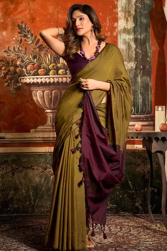 Olive mal cotton contrast pallu with fancy tassels saree with blouse