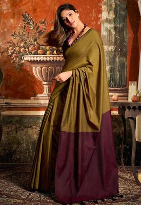 Olive mal cotton contrast pallu with fancy tassels saree with blouse 3
