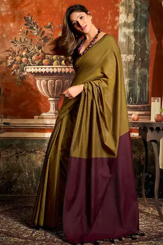 Olive mal cotton contrast pallu with fancy tassels saree with blouse