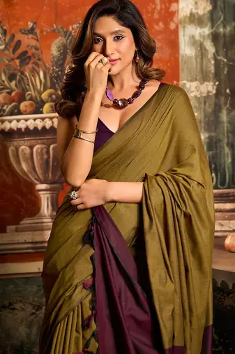 Olive mal cotton contrast pallu with fancy tassels saree with blouse