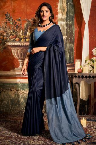 Navy blue mal cotton contrast pallu with fancy tassels saree with blouse