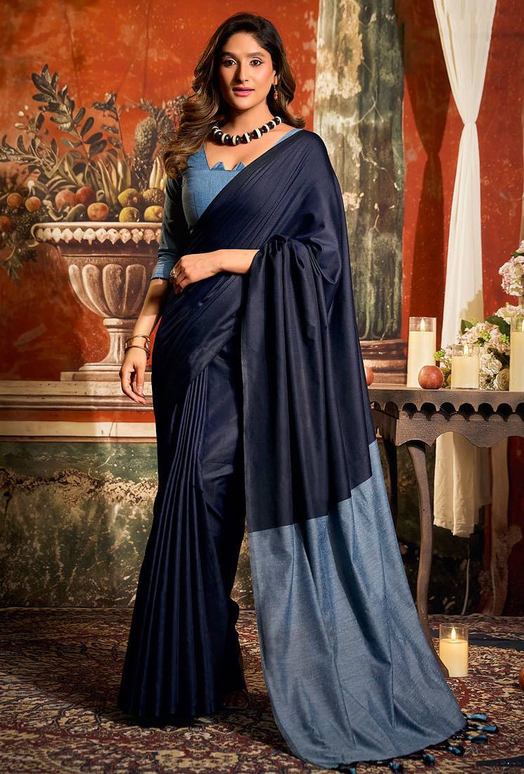 Navy blue mal cotton contrast pallu with fancy tassels saree with blouse
