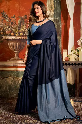 Navy blue mal cotton contrast pallu with fancy tassels saree with blouse