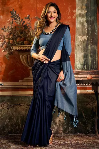 Navy blue mal cotton contrast pallu with fancy tassels saree with blouse