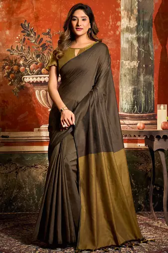 Brown mal cotton contrast pallu with fancy tassels saree with blouse
