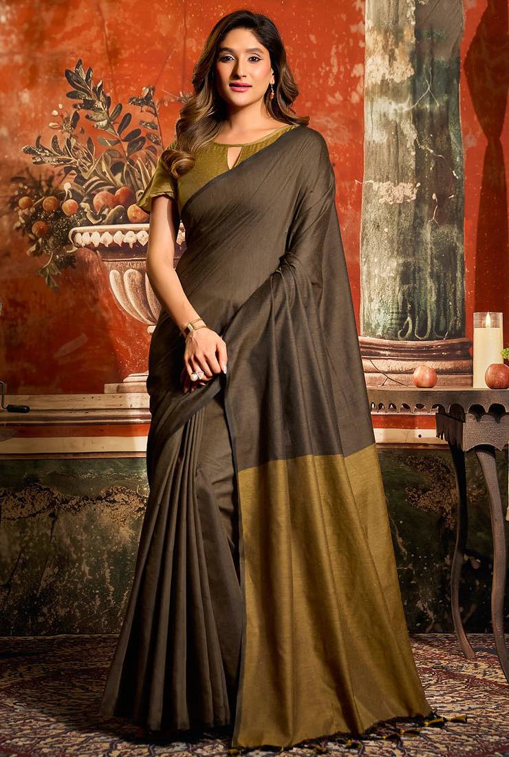 Brown mal cotton contrast pallu with fancy tassels saree with blouse