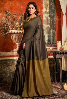 Brown mal cotton contrast pallu with fancy tassels saree with blouse 2