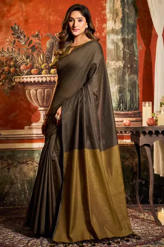 Brown mal cotton contrast pallu with fancy tassels saree with blouse