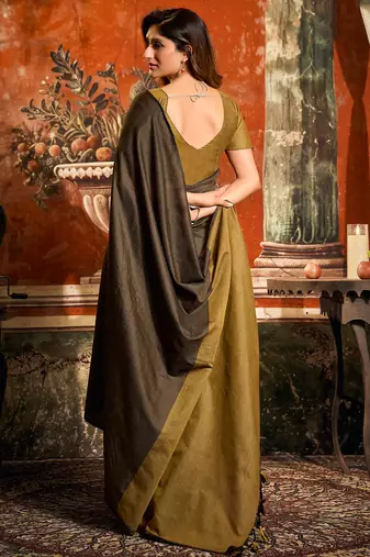 Brown mal cotton contrast pallu with fancy tassels saree with blouse