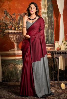 Maroon mal cotton contrast pallu with fancy tassels saree with blouse 1