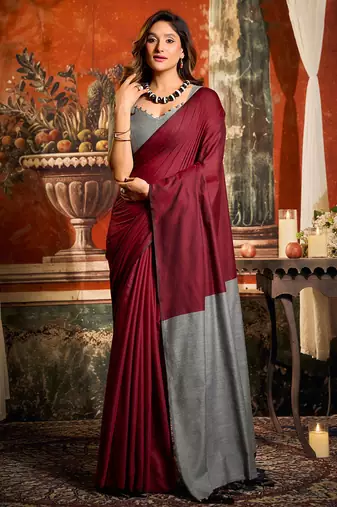 Maroon mal cotton contrast pallu with fancy tassels saree with blouse