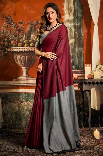 Maroon mal cotton contrast pallu with fancy tassels saree with blouse