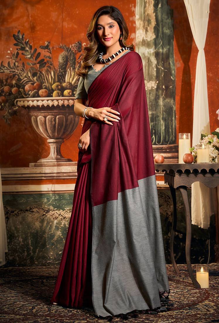 Maroon mal cotton contrast pallu with fancy tassels saree with blouse