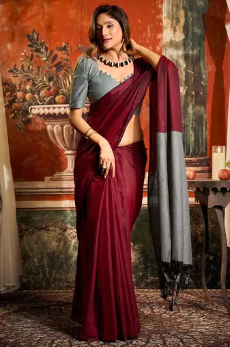 Maroon mal cotton contrast pallu with fancy tassels saree with blouse