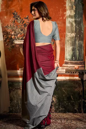 Maroon mal cotton contrast pallu with fancy tassels saree with blouse