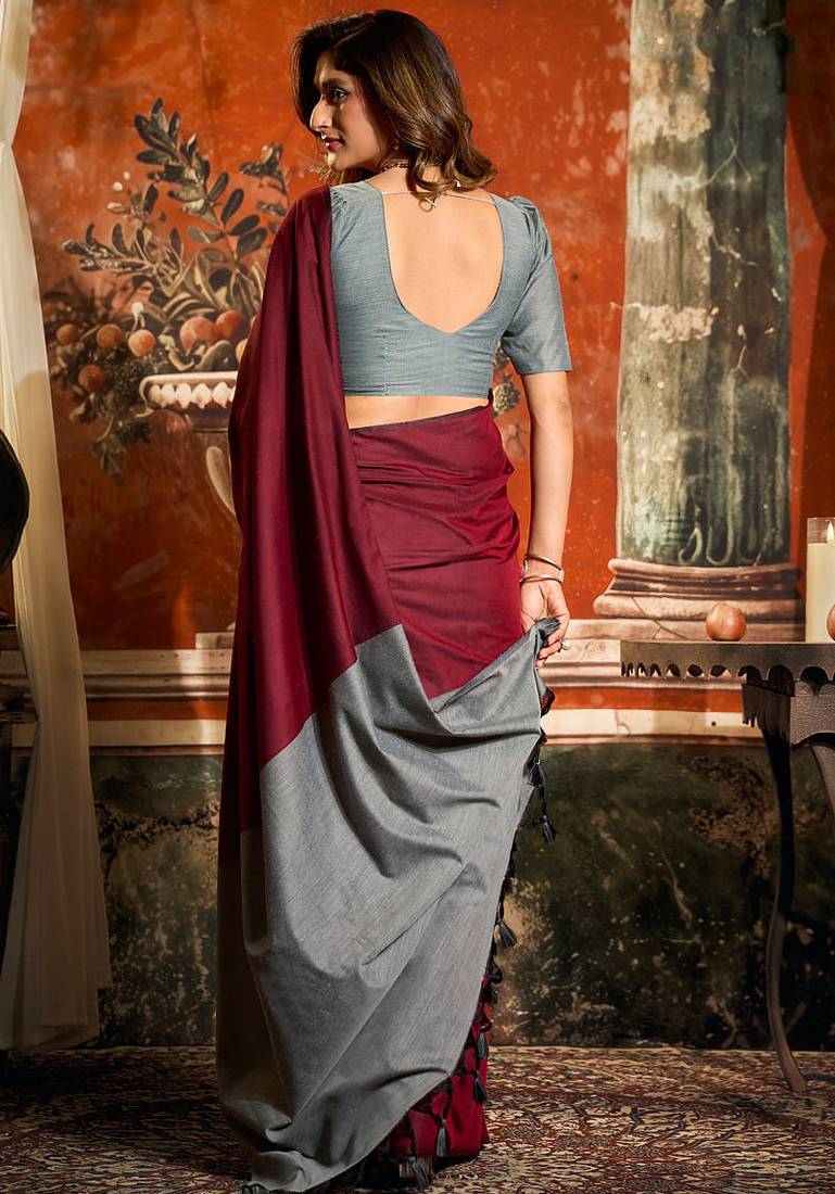 Maroon mal cotton contrast pallu with fancy tassels saree with blouse