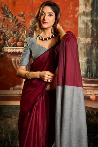 Maroon mal cotton contrast pallu with fancy tassels saree with blouse