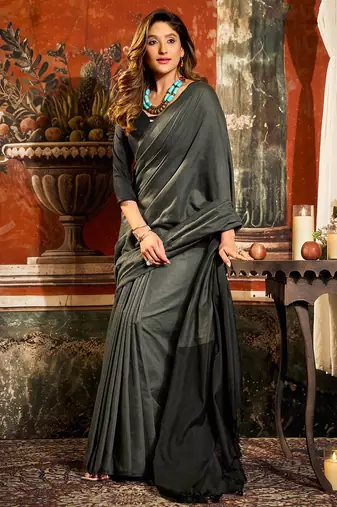 Grey mal cotton contrast pallu with fancy tassels saree with blouse