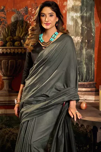 Grey mal cotton contrast pallu with fancy tassels saree with blouse