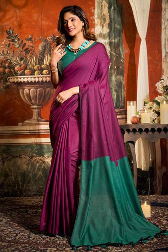 Magenta mal cotton contrast pallu with fancy tassels saree with blouse