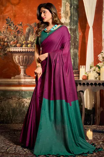 Magenta mal cotton contrast pallu with fancy tassels saree with blouse