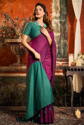 Magenta mal cotton contrast pallu with fancy tassels saree with blouse 3