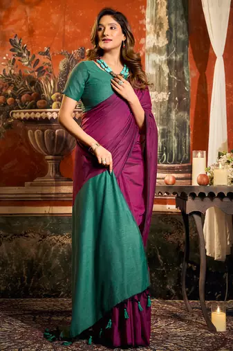 Magenta mal cotton contrast pallu with fancy tassels saree with blouse