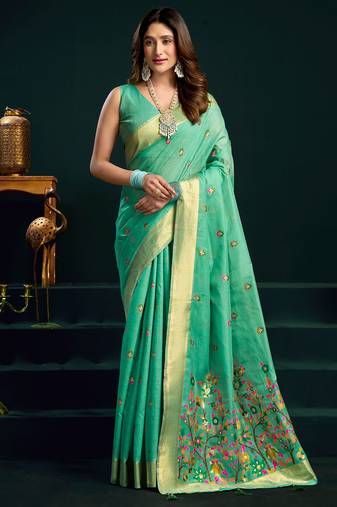 Sea green munga cotton mina work with zari border & cute finish saree with blouse