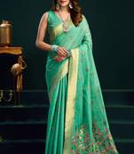 Sea green munga cotton mina work with zari border & cute finish saree with blouse